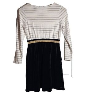 LANDS' END Girls White/Gold Striped with Black Velour/Velvet Skirt Dress Sz L/14
